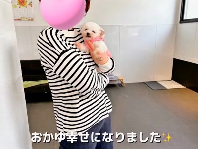 抱っこされるおかゆちゃん