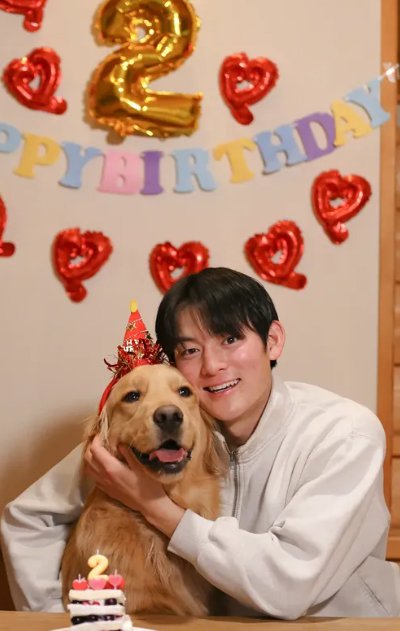 2歳の誕生日を祝う飼い主さんと大型犬