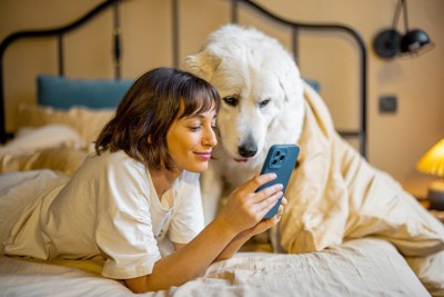 スマホの画面をのぞき込む女性と大型犬