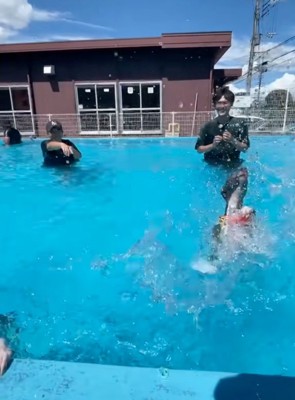 バタバタ泳ぐ犬