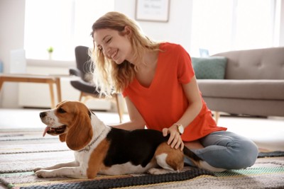 スキンシップを取る犬と女性