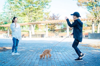 女性2人が手を振って挨拶をする