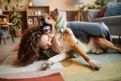 女性に抱きしめられる犬
