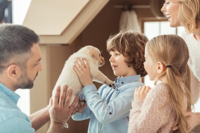 子犬を抱き上げる男の子と家族