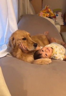 笑顔でママを見る息子さん