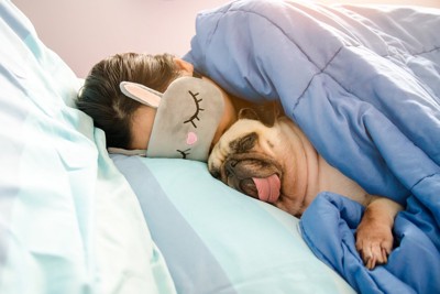 アイマスクをする女性と添い寝する犬