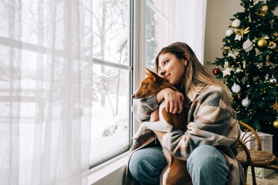 室内で女性の抱かれている犬