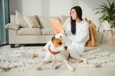 マットの上で過ごす犬と女性
