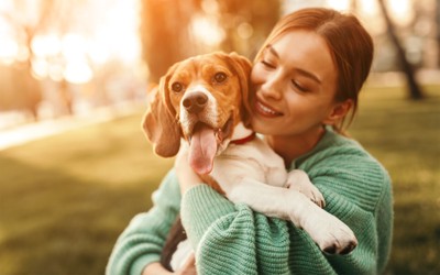 犬を抱っこする女性