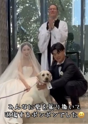 新郎新婦と並んで座る犬