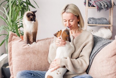 女性を舐める犬を見つめる猫