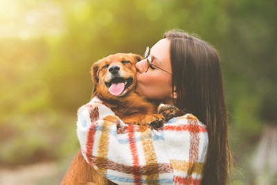 女性にキスされて笑顔の犬