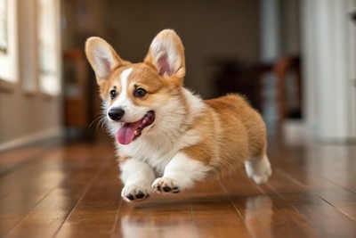 フローリングを走る子犬のコーギー