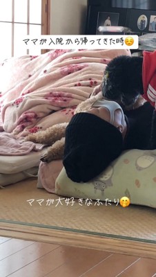 布団に横になっている女性の顔をのぞき込む黒い犬