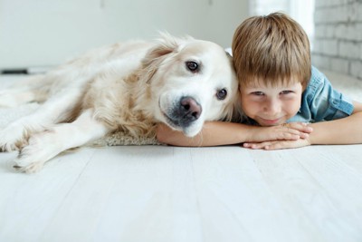 男の子に寄り添う犬