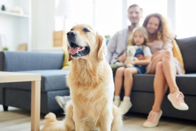 笑顔の大型犬と家族
