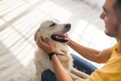 笑顔の犬、男性