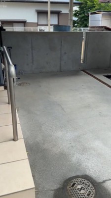 庭の塀に近づく飼い主