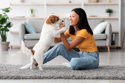意思疎通を図る犬と女性