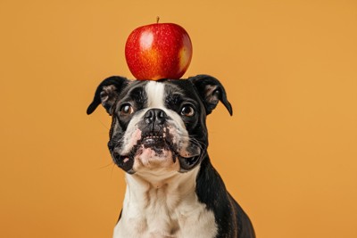 りんごを頭にのせる犬
