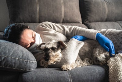マスクをして犬を抱く人