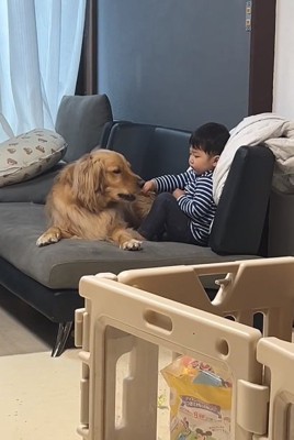 おやつをあげる息子さん