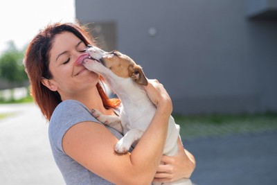 女性の顔を舐める犬