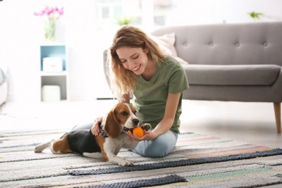 ボールを咥える犬と女性