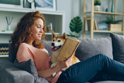 女性に乗る犬