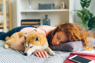 ベッドで寝落ちする女の子と柴犬
