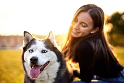 女性に飛び乗る犬