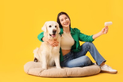 粘着テープを持つ女性と犬
