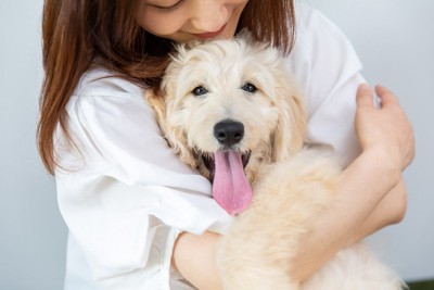 犬をハグする笑顔の女性