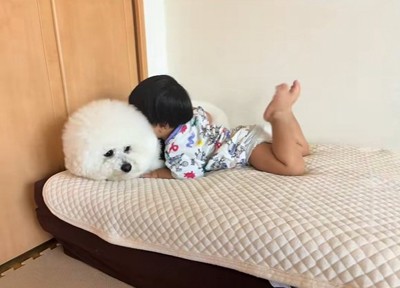 むぎくんに抱きつく息子さん