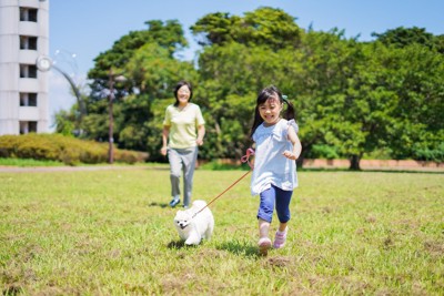 散歩する犬と子供