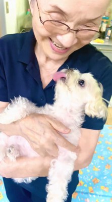 犬と見つめ合って笑顔になる女性