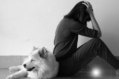モノクロの犬と女性