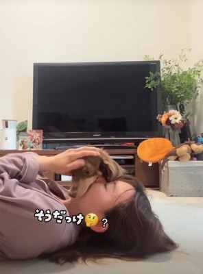 顔の上の犬を撫でる