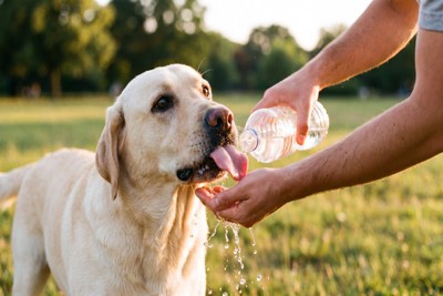 ペットボトルの水を飲む犬