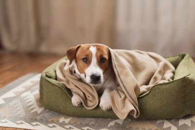 ベッドで横になる犬