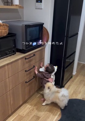 つかまり立ちする赤ちゃん