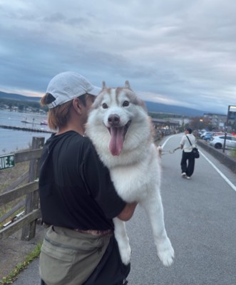 抱っこされて笑顔の犬