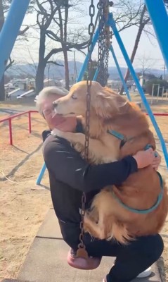 一緒にブランコに乗る投稿主と大型犬