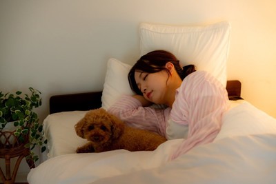 ベッドで眠る女性とその隣に座る犬