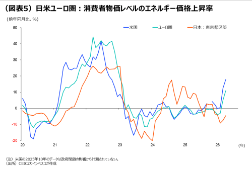 (図表5)日米ユーロ圏:消費者物価レベルのエネルギー価格上昇率